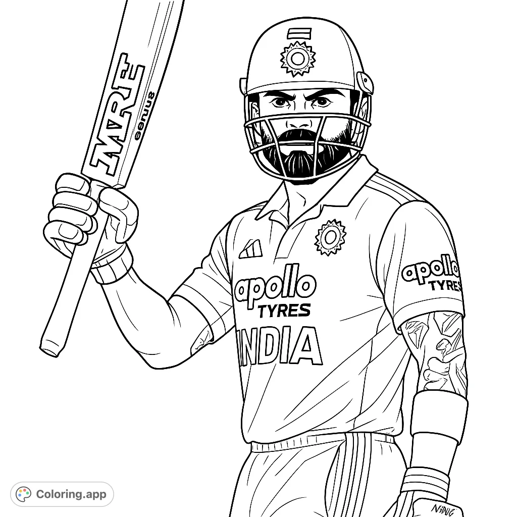 Dynamic cricket coloring page featuring a star player in an action pose, helmeted and holding a bat. Detailed uniform, tattoos, and stadium backdrop for sports fans.