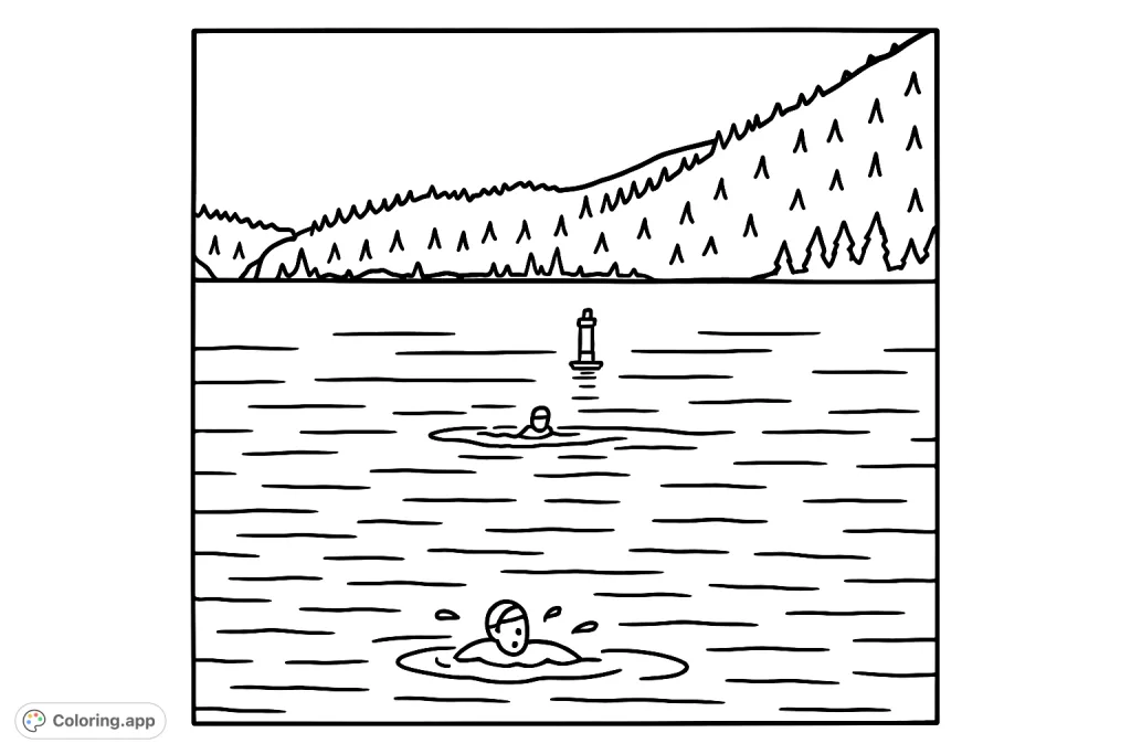 Dive into a serene lake scene featuring a lone swimmer, a distant buoy, and peaceful mountain landscapes. Perfect for a relaxing coloring experience.