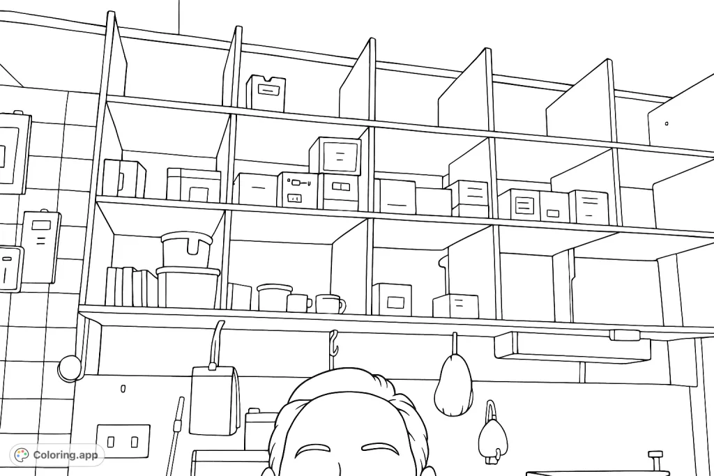 Intricate storage shelf coloring page featuring numerous boxes and containers. A detailed free printable coloring page perfect for focused coloring.