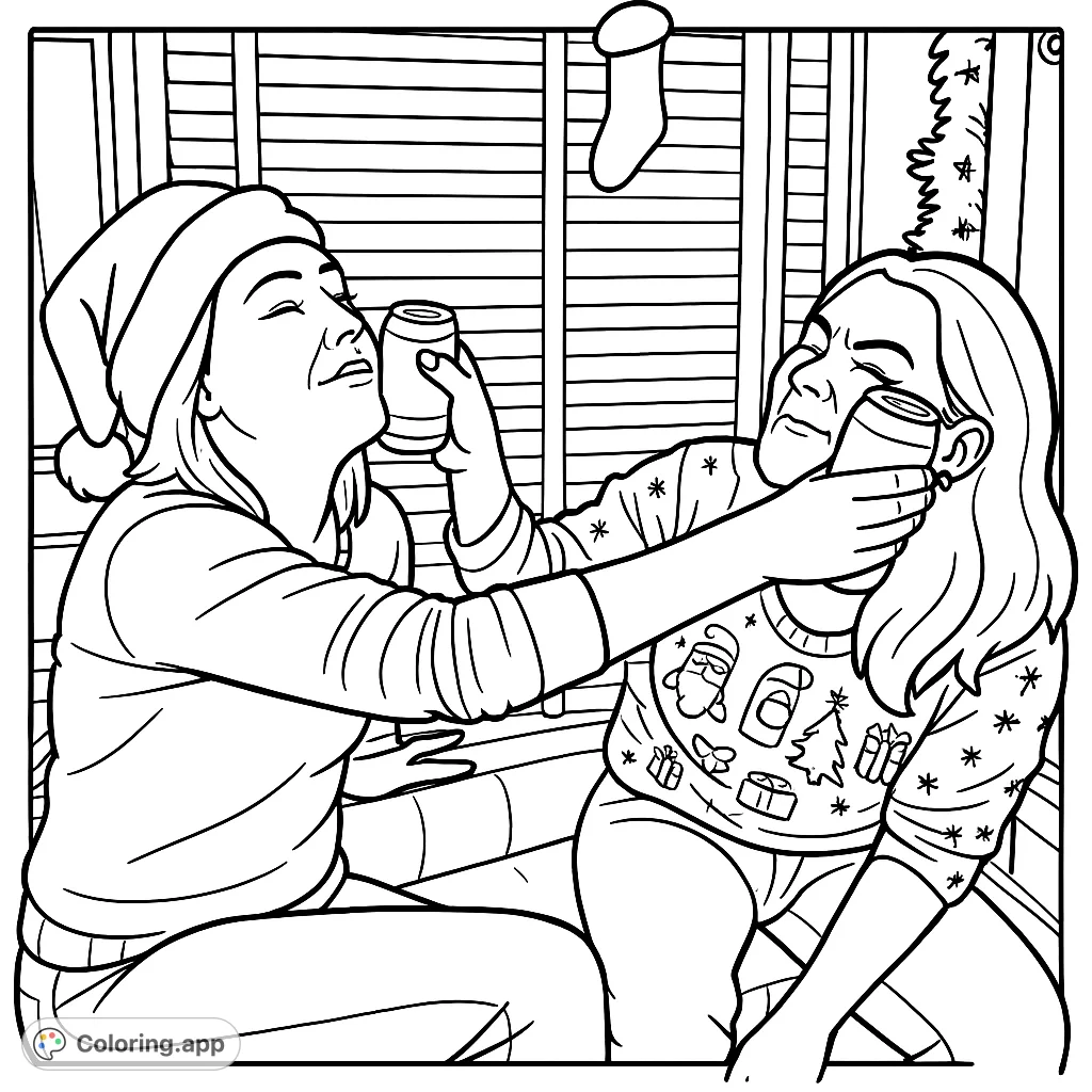 Capture the festive spirit with this Christmas fun coloring page, featuring two friends sharing a humorous holiday moment. Perfect for adults.