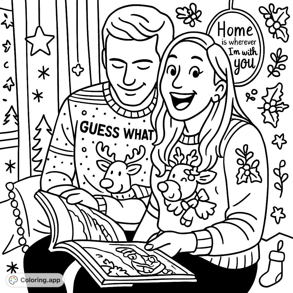 Enjoy a festive moment with two friends in cheerful holiday sweaters, sharing a book. Perfect for celebrating the season with cartoony bold outlines.