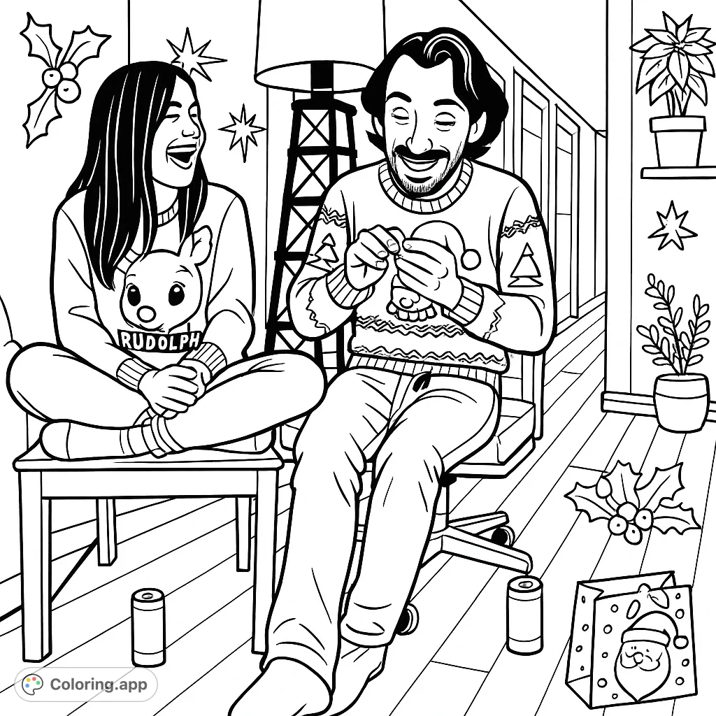 A joyful pair in playful holiday sweaters enjoys a festive moment, opening a small gift. Features fun details and seasonal cheer for a delightful coloring experience.