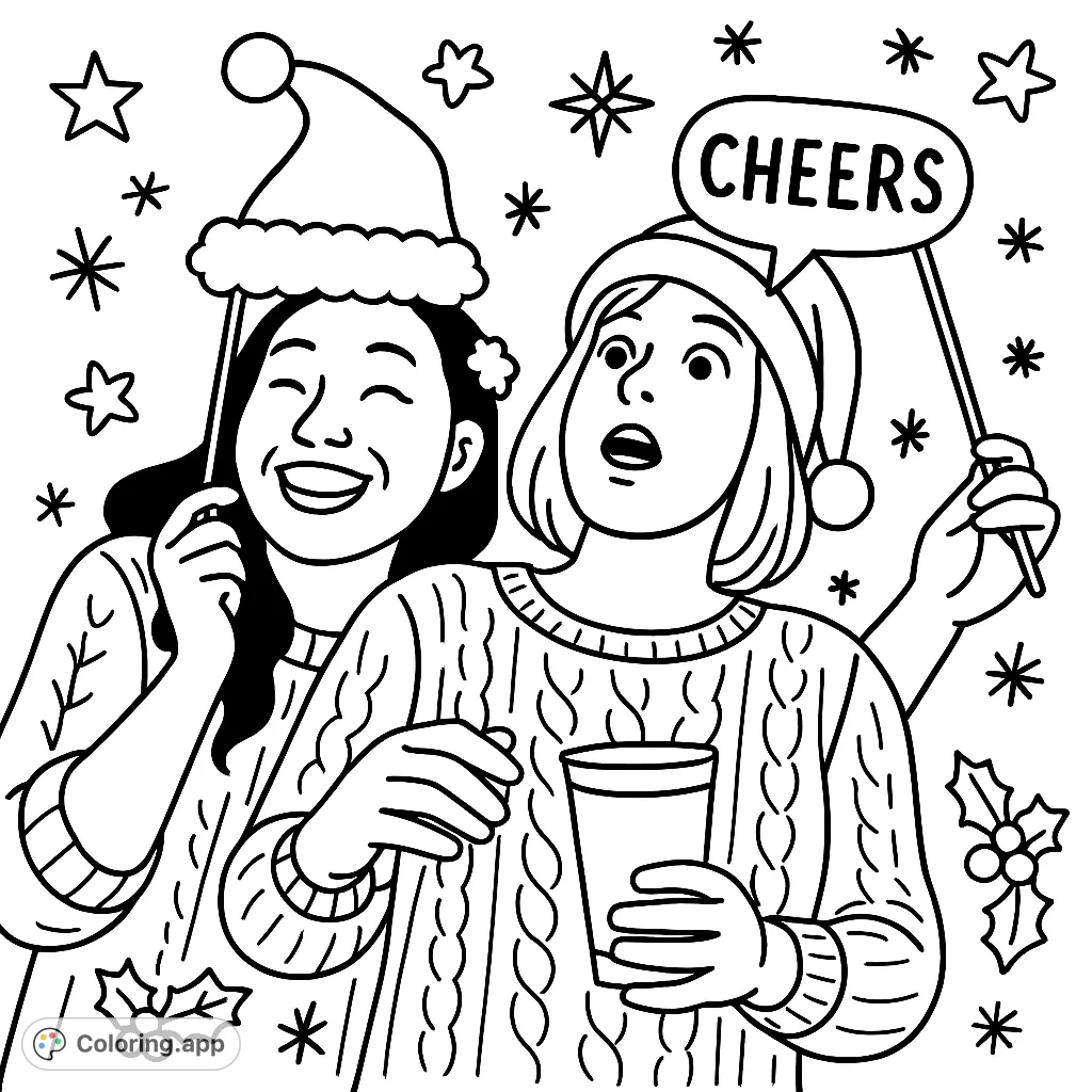 Celebrate the season with this fun, cartoony Christmas party coloring page featuring friends holding festive props. Perfect for holiday cheer!