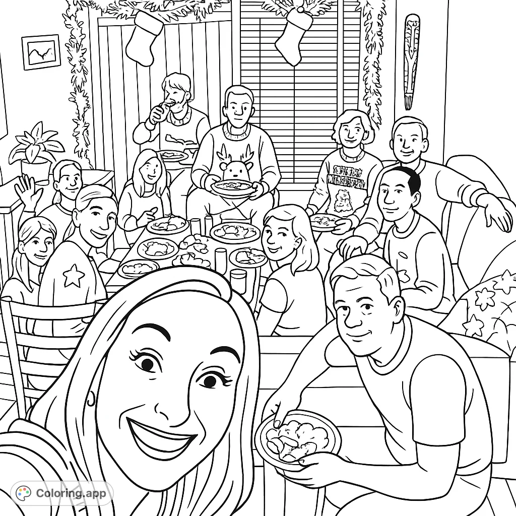 A delightful coloring page capturing a cheerful gathering of friends enjoying a festive occasion, complete with decorations and joyful expressions.