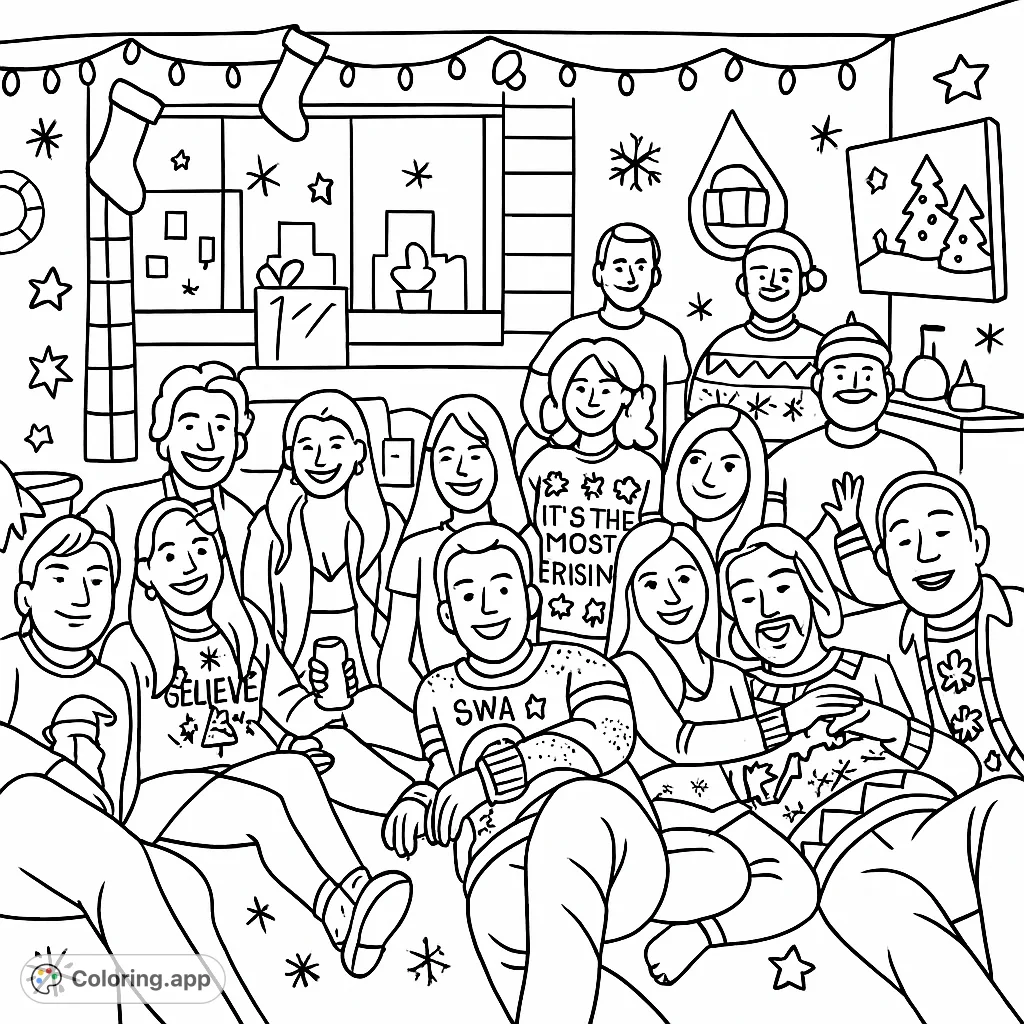 Celebrate the season with this lively Christmas party coloring page featuring a group of smiling friends in fun, patterned sweaters amidst festive holiday decorations.