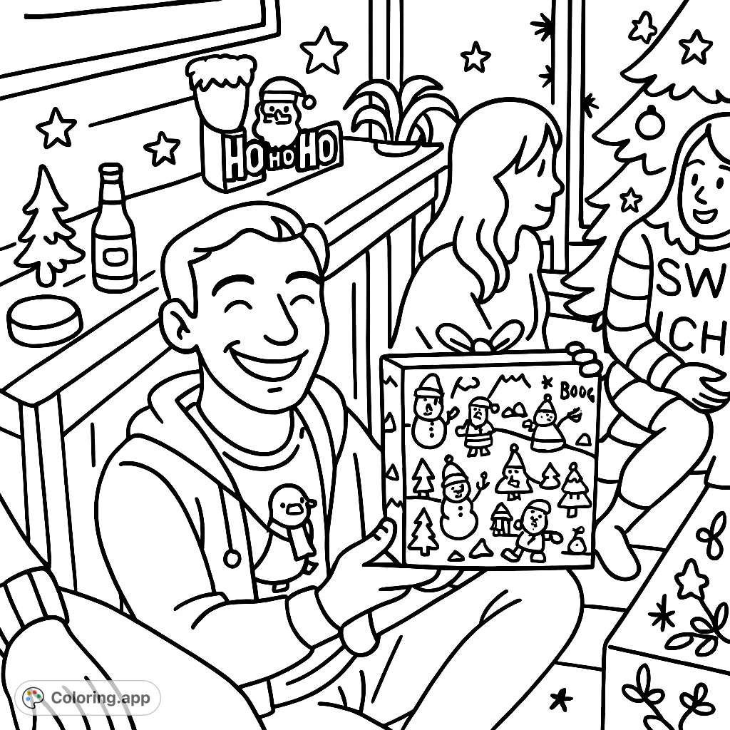 Celebrate the season with this cheerful coloring page featuring a smiling person holding a holiday gift, surrounded by festive decor and friends. Perfect for winter fun!