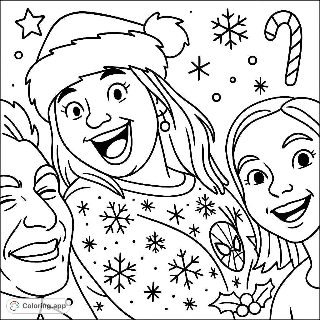 Capture the joy of the holidays! A cartoony coloring page featuring three cheerful friends in festive attire, perfect for spreading seasonal cheer with bold outlines.