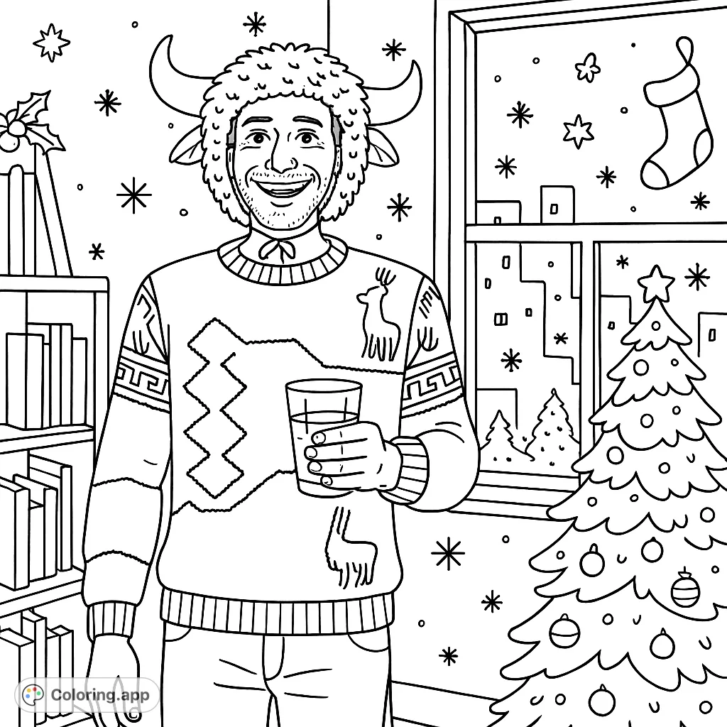 Celebrate the holidays with this fun coloring page featuring a person in a whimsical horned hat and a festive llama-patterned sweater, surrounded by seasonal decor.