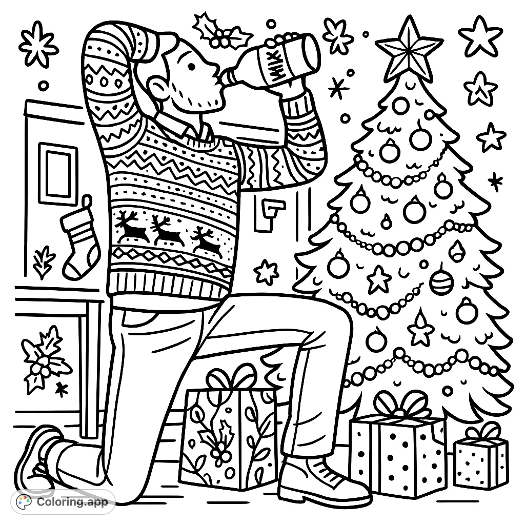 Celebrate the season with this fun festive sweater coloring page, featuring a person in a patterned sweater by a decorated Christmas tree with gifts.