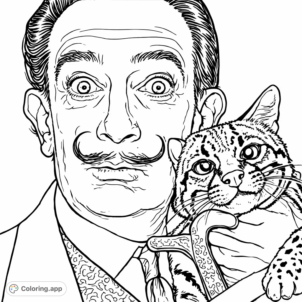 A captivating portrait of a renowned artist with his exotic pet ocelot, featuring expressive faces and intricate patterns for a unique coloring experience.