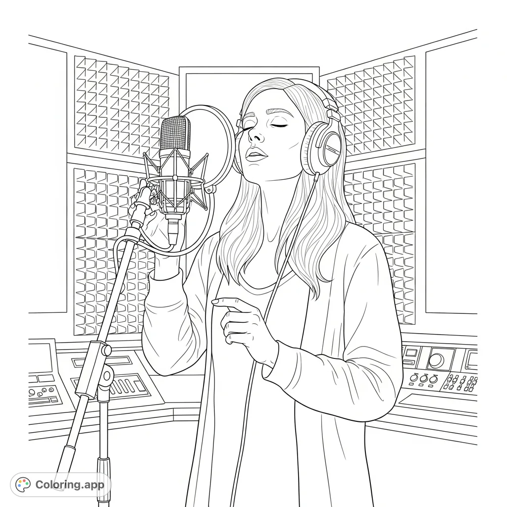 A captivating woman performing in a professional recording studio, wearing headphones and singing into a classic microphone. A dynamic music-themed coloring page.