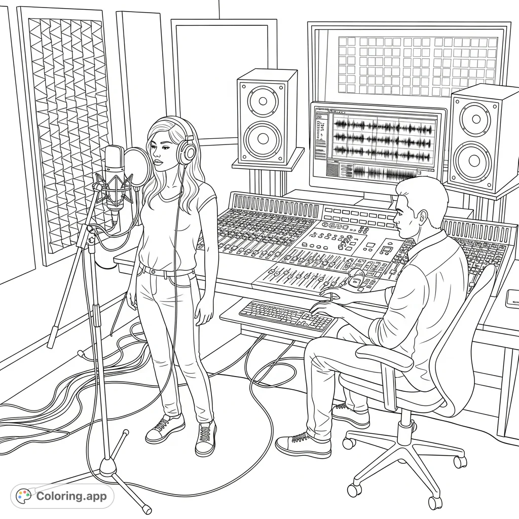 An engaging recording studio scene featuring a female singer at a microphone and an audio engineer at a mixing board, surrounded by detailed studio equipment.