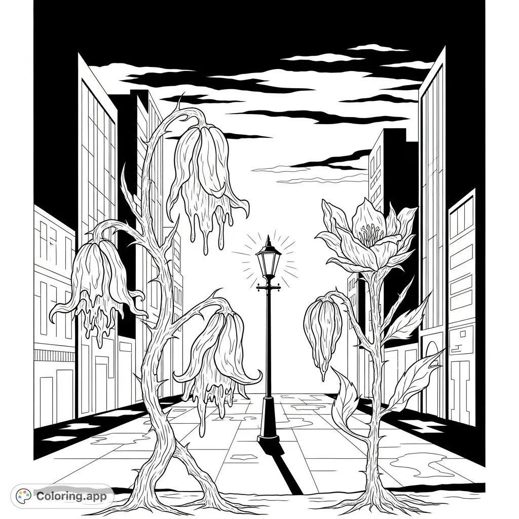 Immerse yourself in a mysterious gothic flowers coloring page featuring surreal, melting blooms against a dramatic film noir cityscape. A captivating blend of art and intrigue.