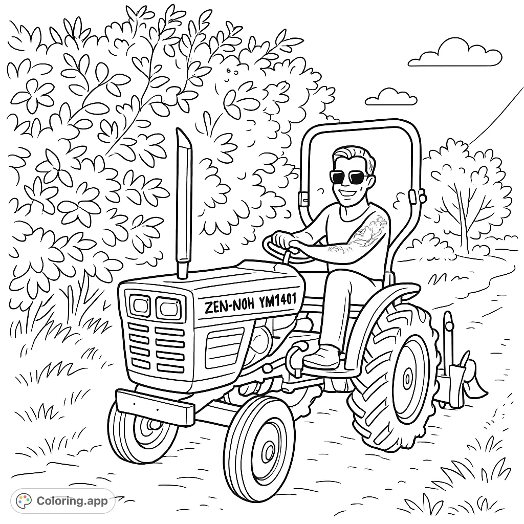 A detailed coloring page featuring a man smiling while driving a compact tractor in a rural setting, perfect for farm machinery enthusiasts.