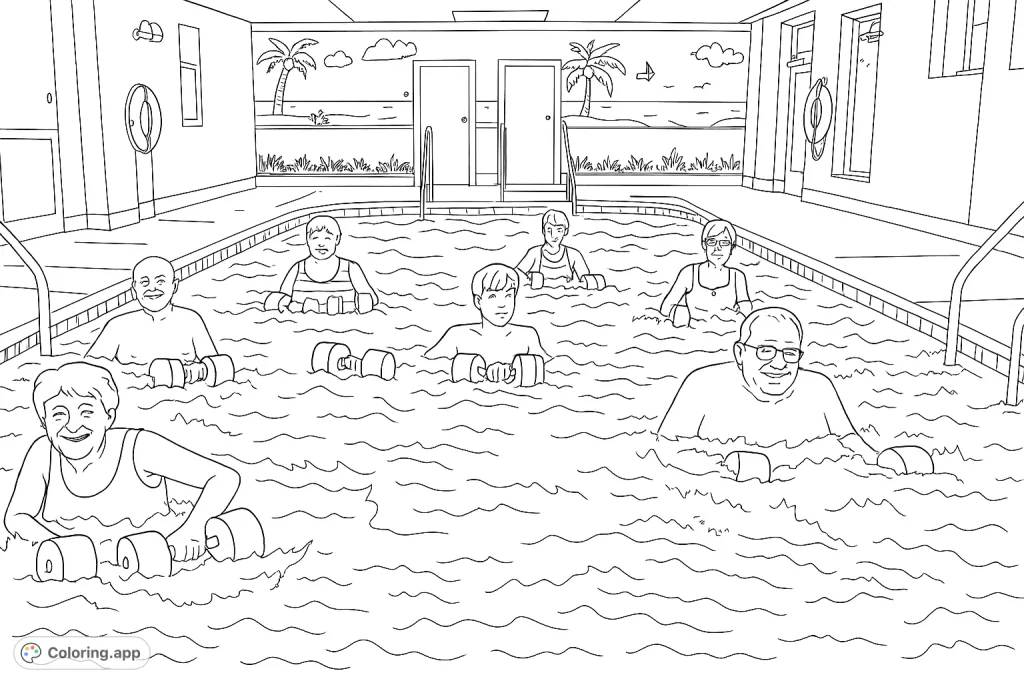 A diverse group enjoys a lively water aerobics session in a swimming pool, holding exercise equipment. A scene of active community and wellness.