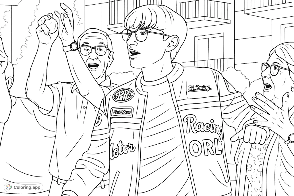 A young man in a racing jacket expresses himself, surrounded by an enthusiastic older crowd. This vibrant scene captures community spirit and dynamic interaction.