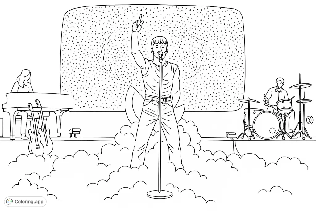 Experience the energy of a live concert with this dynamic coloring page! Featuring a central performer, instruments, and atmospheric stage effects, perfect for music lovers.