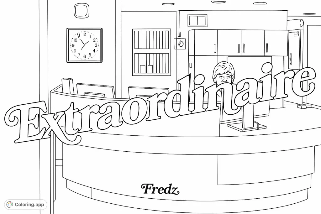 Color a detailed modern office reception scene, featuring a curved desk, a person at a workstation, and various office elements for a realistic experience.