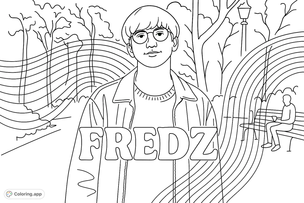 Color a contemporary portrait of a stylish young man in a park setting, featuring unique hair and spectacles. Includes subtle graphic line overlays.