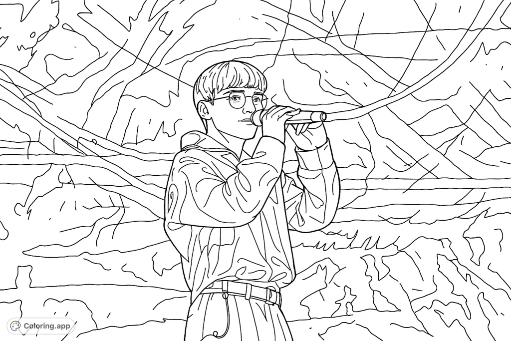 Capture the energy of a performing artist on stage with this detailed coloring page, featuring a vocalist in a modern hoodie against an abstract backdrop.