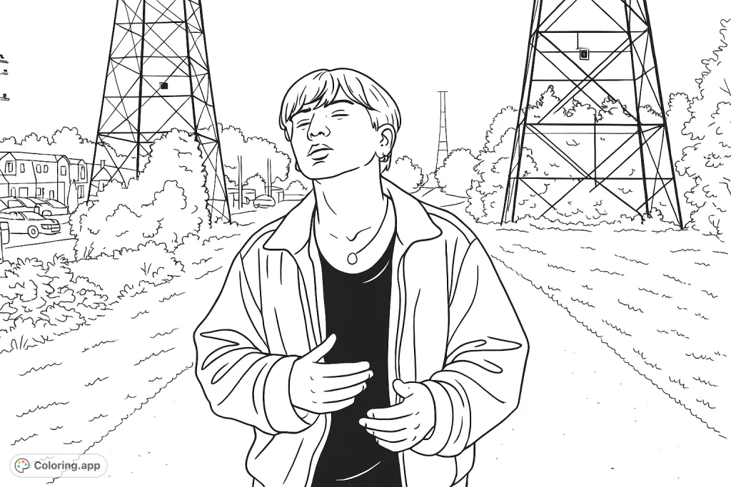 Explore a striking portrait of a young person on a gravel path, flanked by towering electricity pylons and lush foliage. A unique urban landscape scene awaits your artistic touch.