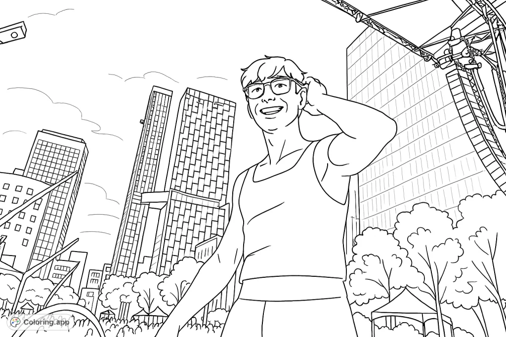 Dynamic urban music event coloring page, featuring a smiling performer against a backdrop of modern skyscrapers and a stage, perfect for city life enthusiasts.