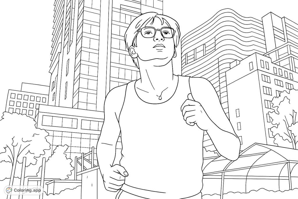 Capture the dynamic energy of an urban runner against a backdrop of modern skyscrapers and detailed city architecture. An engaging scene for focused coloring.