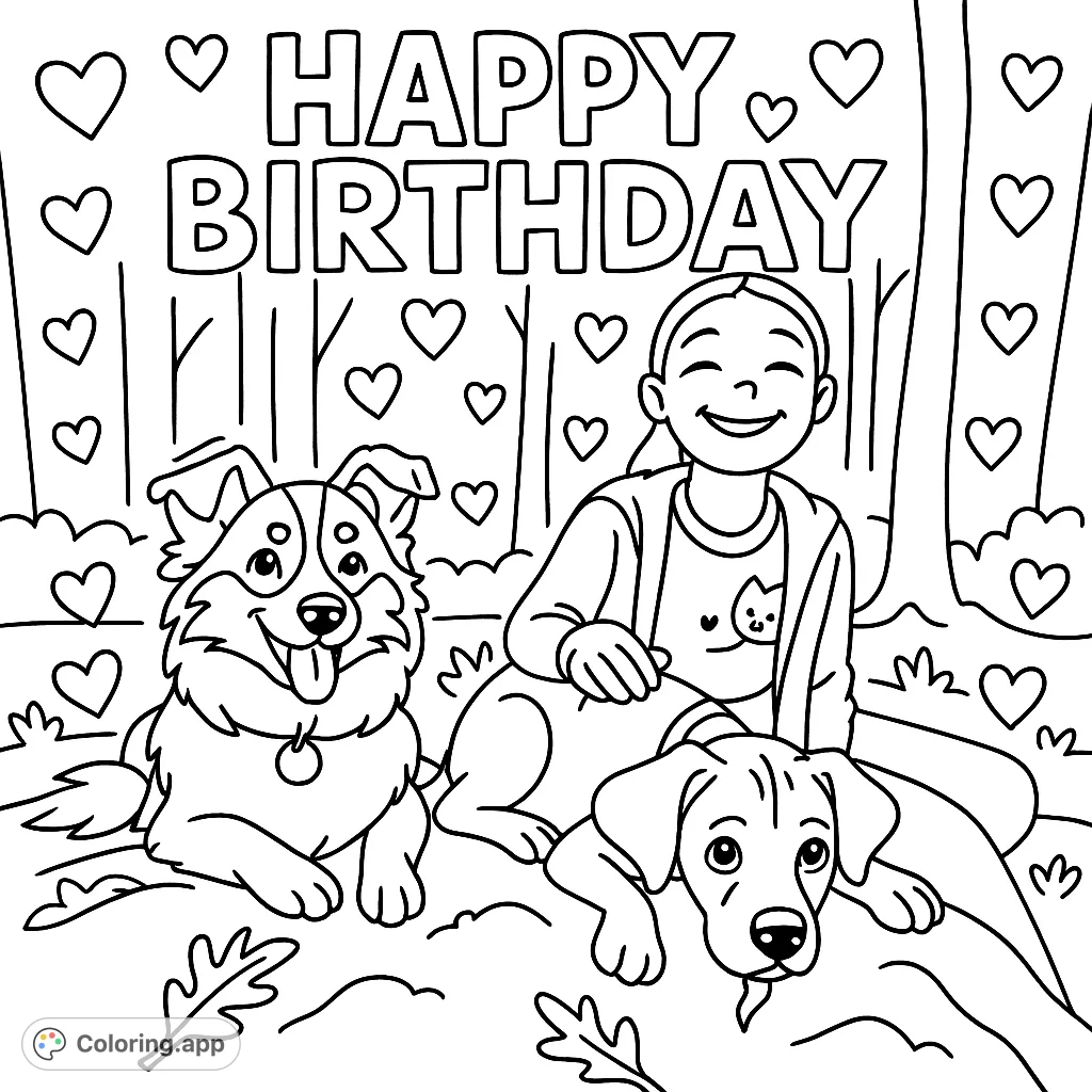Celebrate with a Happy Birthday coloring page! A girl and her two cheerful dogs relax on a rock in a sunny forest, ready for your creative touch.