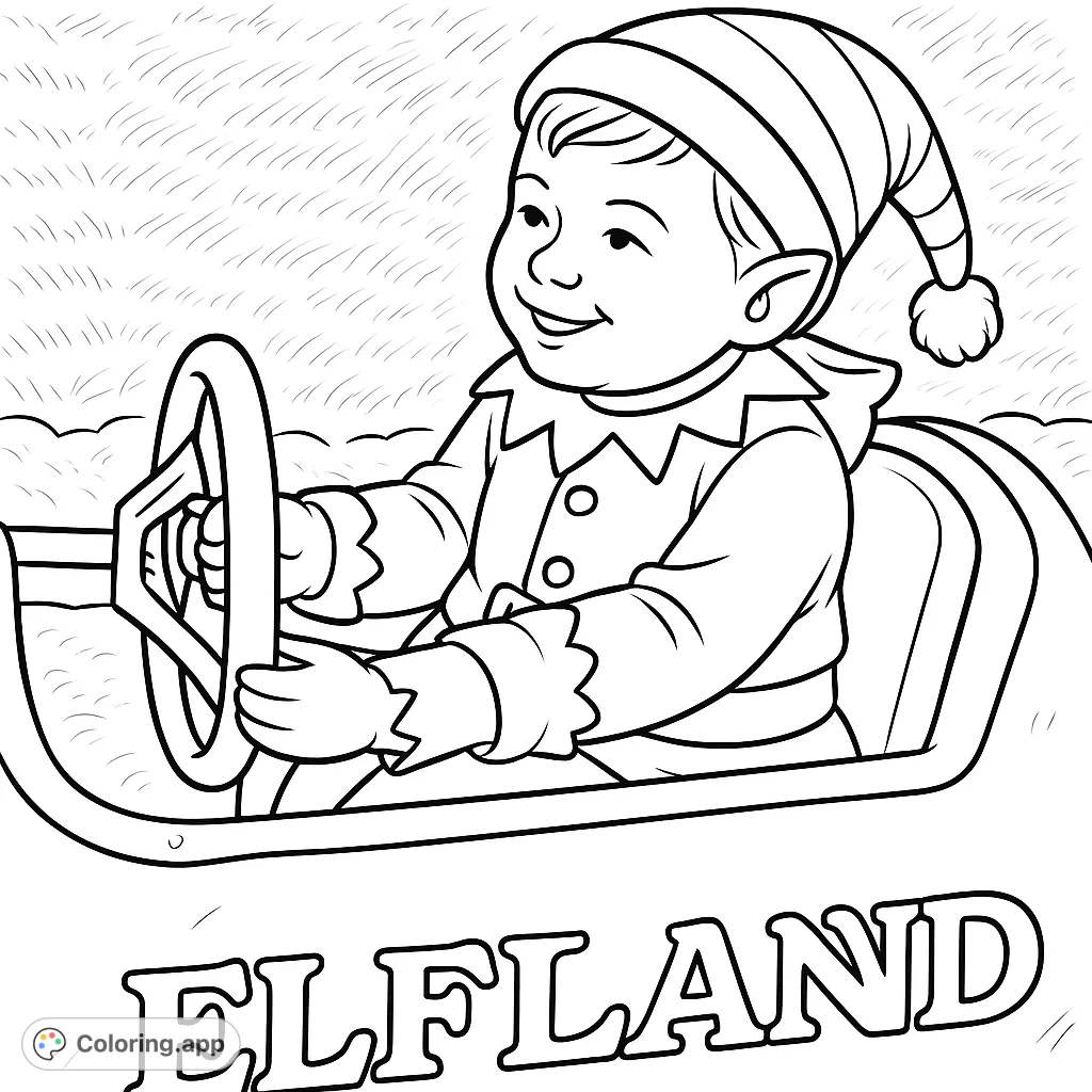 A delightful Christmas elves coloring page featuring a joyous elf driving a festive vehicle. Perfect for holiday fun and creative expression!
