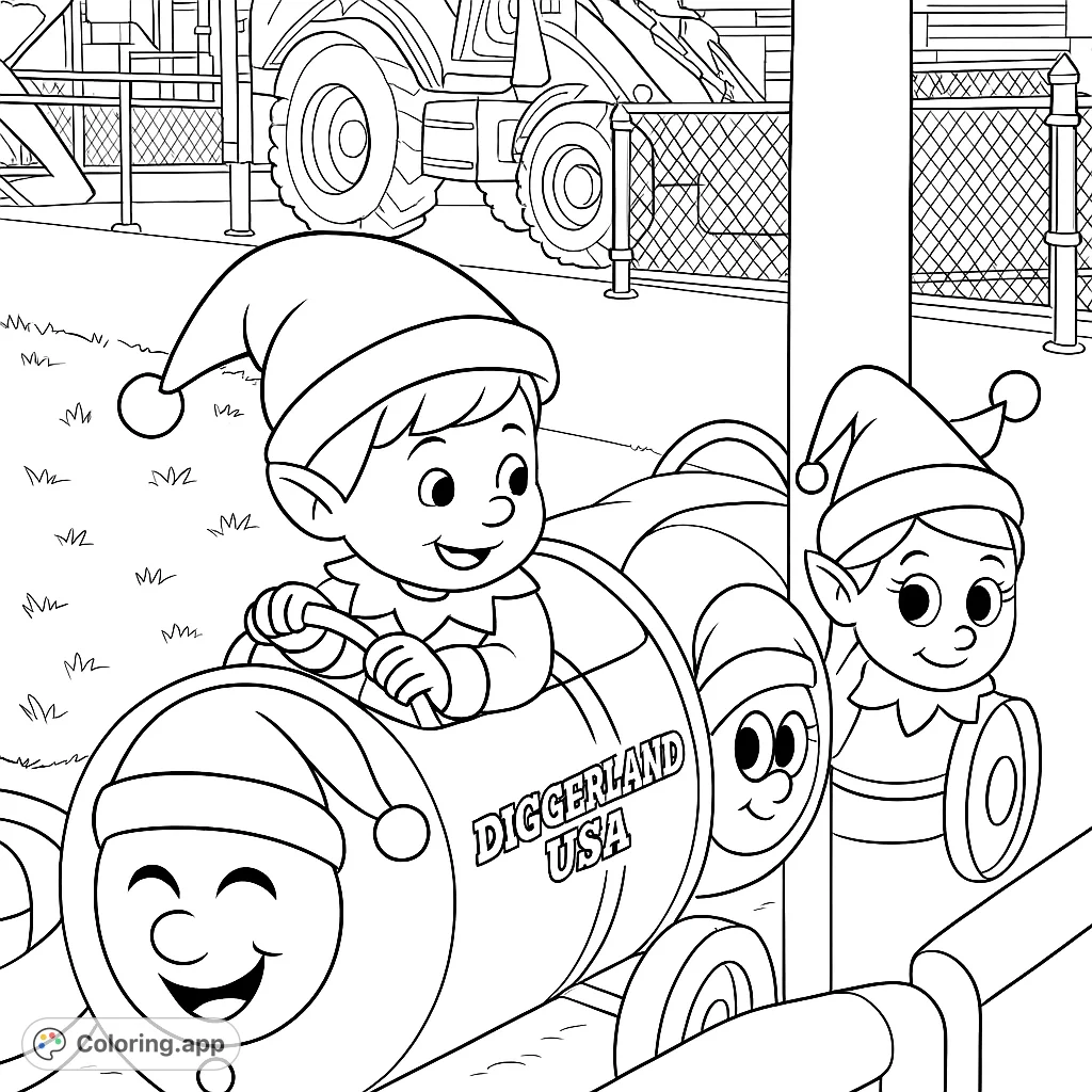 A cheerful Christmas elf enjoys a festive barrel train ride. Perfect for holiday fun, this free printable Christmas elves coloring page brings seasonal cheer.