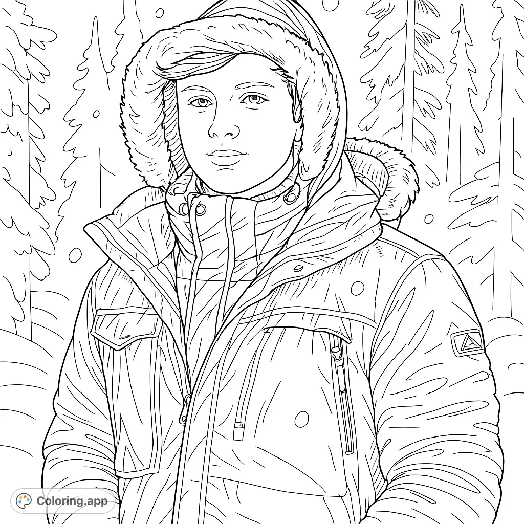 A young person bundled in a warm parka with a fur-lined hood, standing in a serene, snowy woodland. Perfect for winter-themed coloring fun.