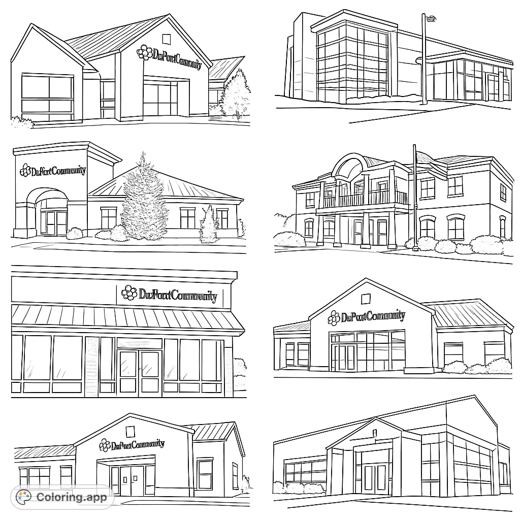 Explore eight unique architectural designs of modern financial institutions, featuring diverse facades, grand entrances, and landscaped surroundings for detailed coloring.