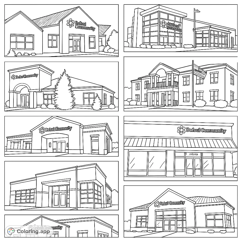 Explore intricate modern architectural structures, featuring detailed facades, varied rooflines, and inviting entrances amidst landscaping. Perfect for aspiring architects.