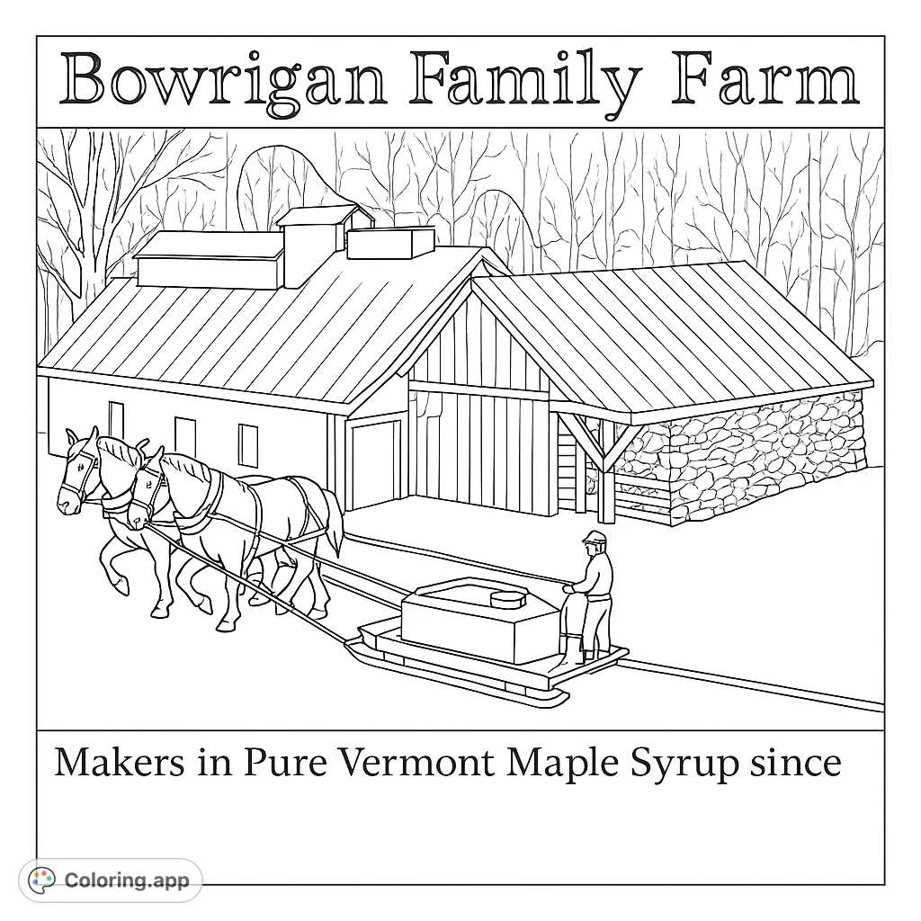 A detailed farm scene with draft horses pulling a sap sleigh past a sugar shack and log pile, set against a backdrop of bare trees. Ideal for farm enthusiasts.