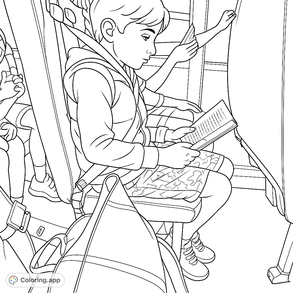 A focused young individual reads a book on a bus, belted into a seat with a backpack. Perfect for quiet moments and travel-themed coloring.