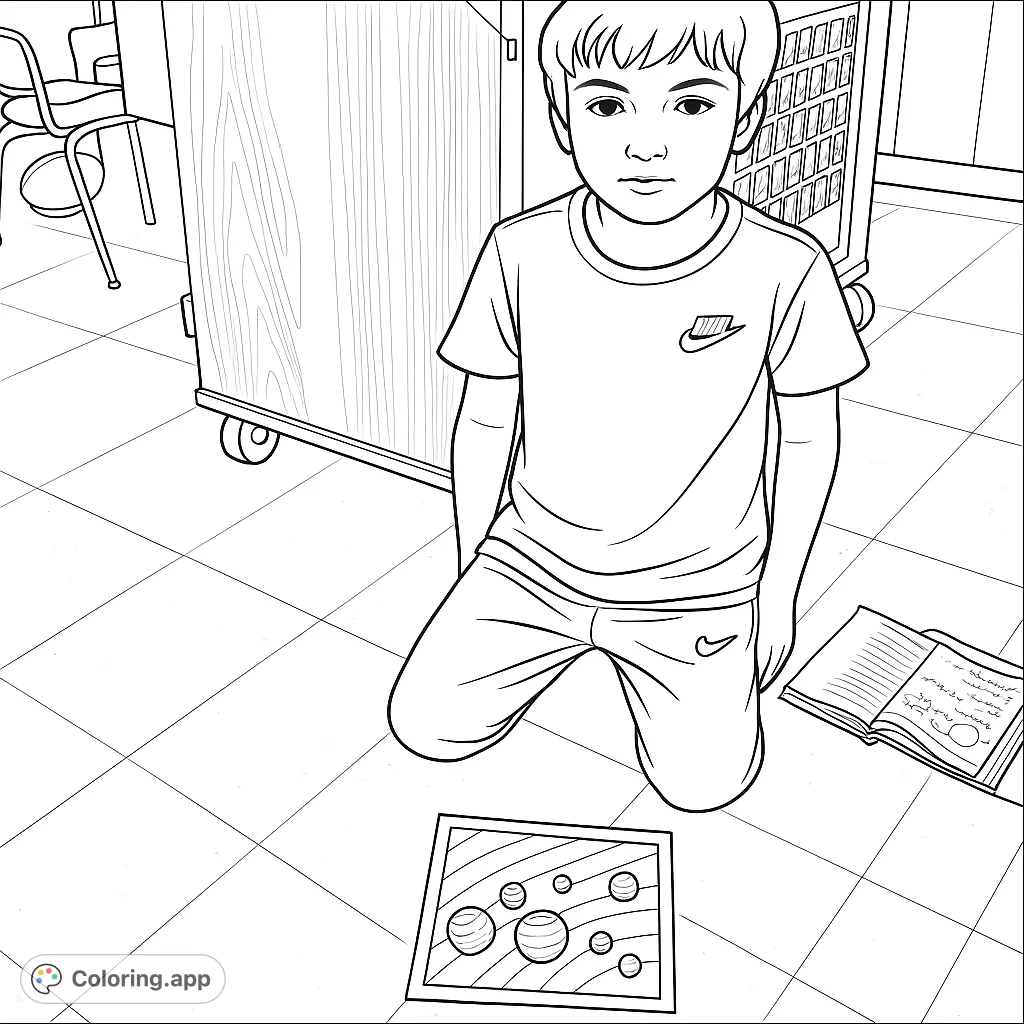 A young boy kneels on the floor, proudly presenting his solar system model project, surrounded by classroom elements. Perfect for aspiring astronomers!