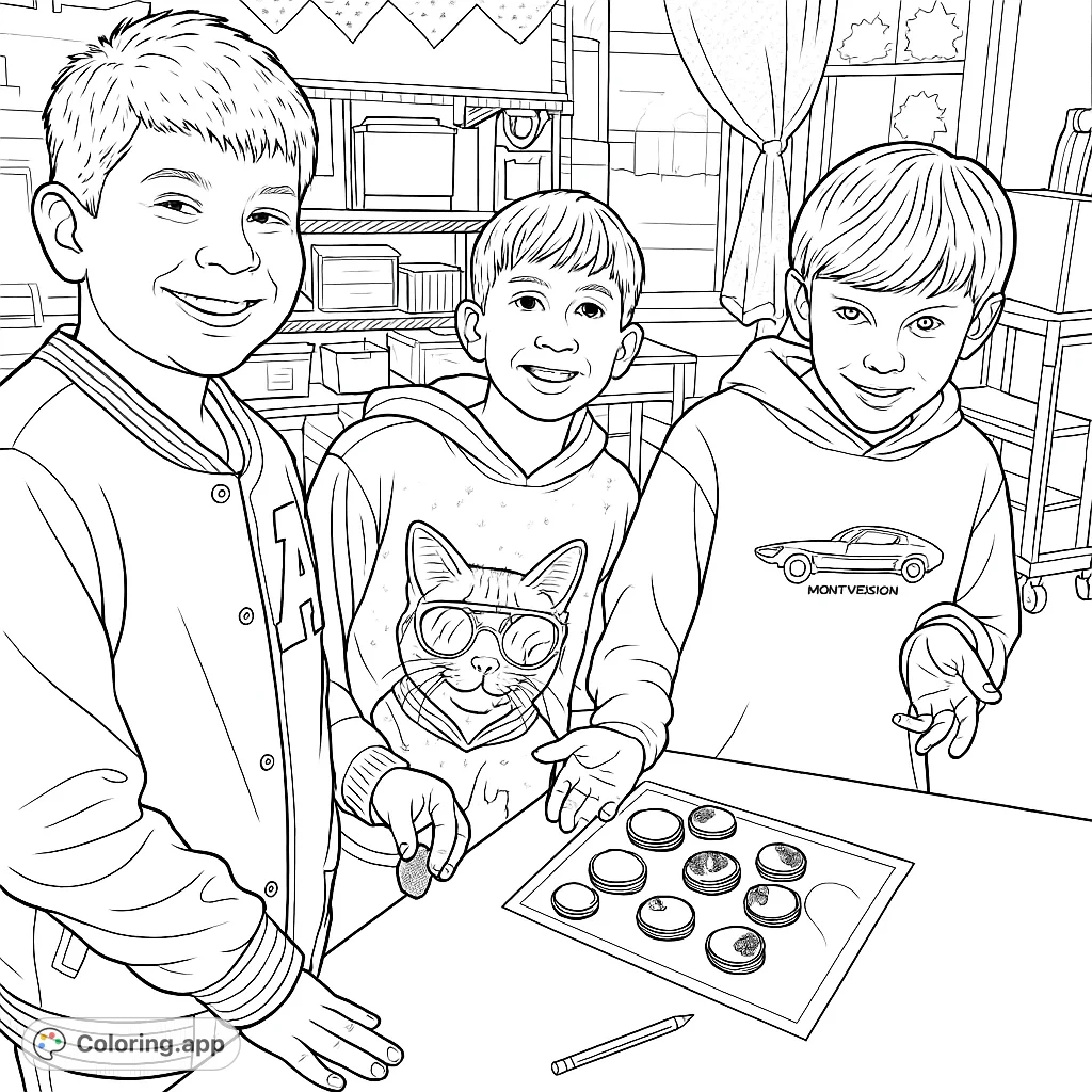 Three cheerful boys engaging in a fun cookie-themed activity at a table, with detailed clothing and a classroom setting. Perfect for young artists.
