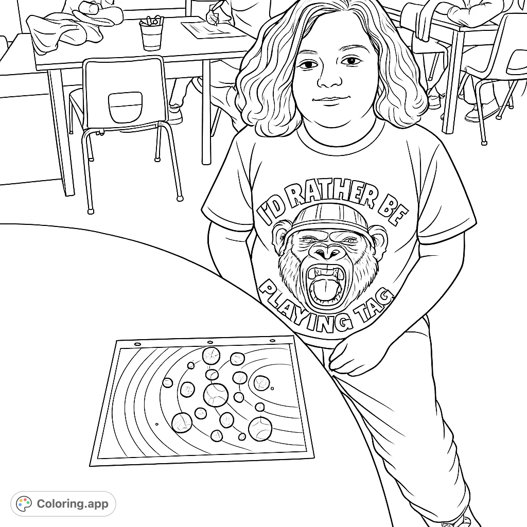 A smiling child proudly presents their solar system model, complete with sculpted planets on orbital paths, set against a classroom backdrop.