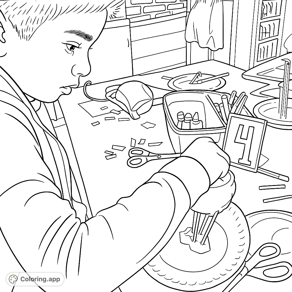 A student intently working on a creative craft project with paper plates and straws, surrounded by various art supplies in a detailed classroom setting.