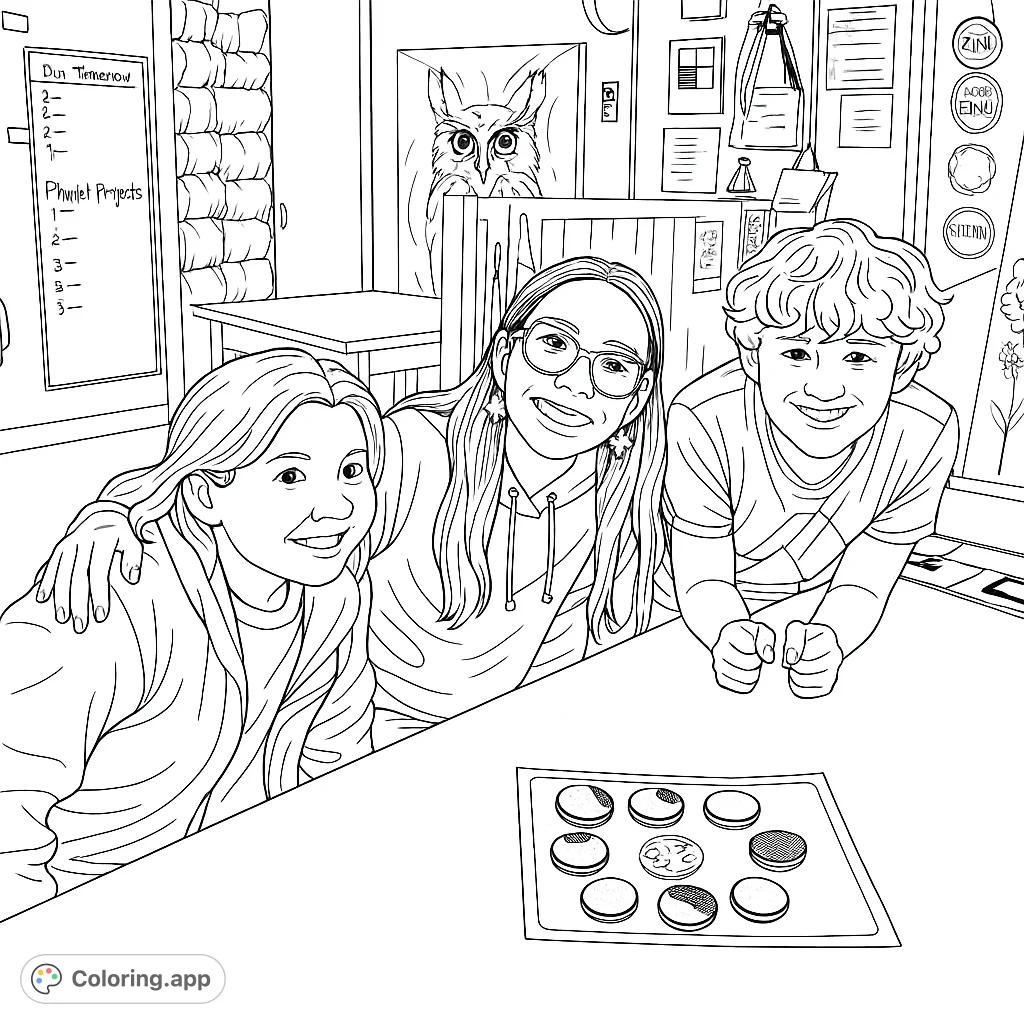 A heartwarming classroom scene with three smiling friends, a table with cookie illustrations, and inviting classroom details. Perfect for coloring fun and learning.