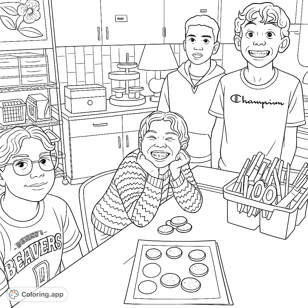 Enjoy coloring this lively classroom scene with four kids, a cookie experiment, and art supplies. Perfect for capturing school-day memories and creative play.