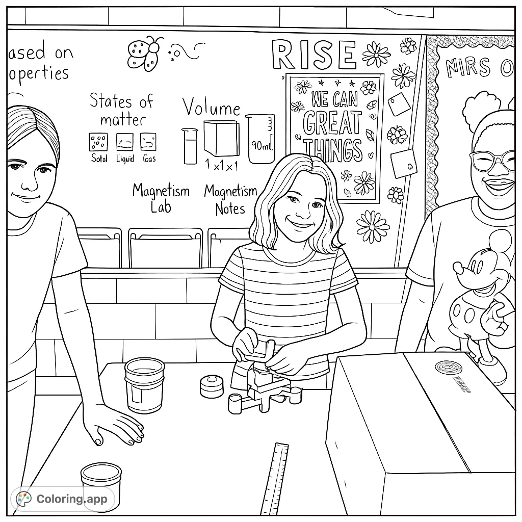 A fun classroom scene featuring students engaged in a science activity, building with interlocking pieces, and learning from whiteboard notes.