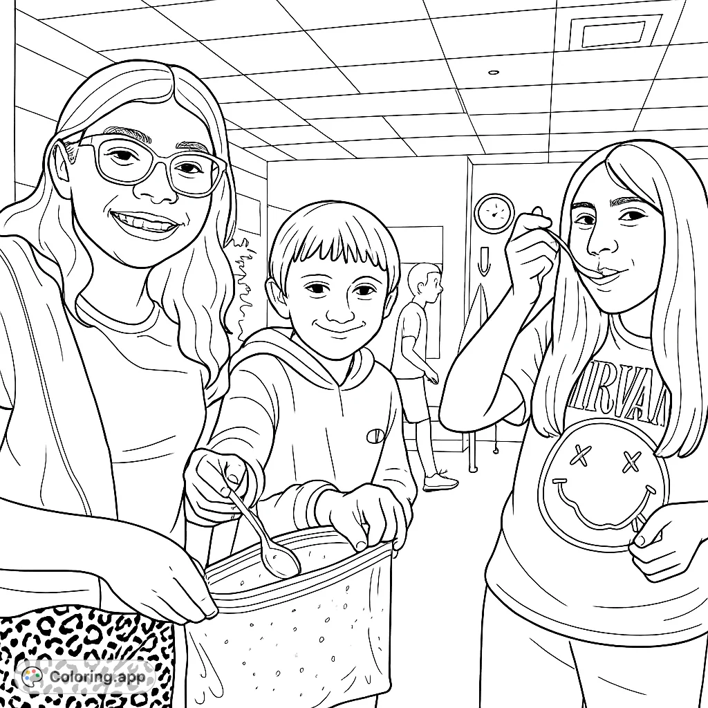 A fun children's activity coloring page. Three happy kids enjoy a snack-making session in a classroom setting.