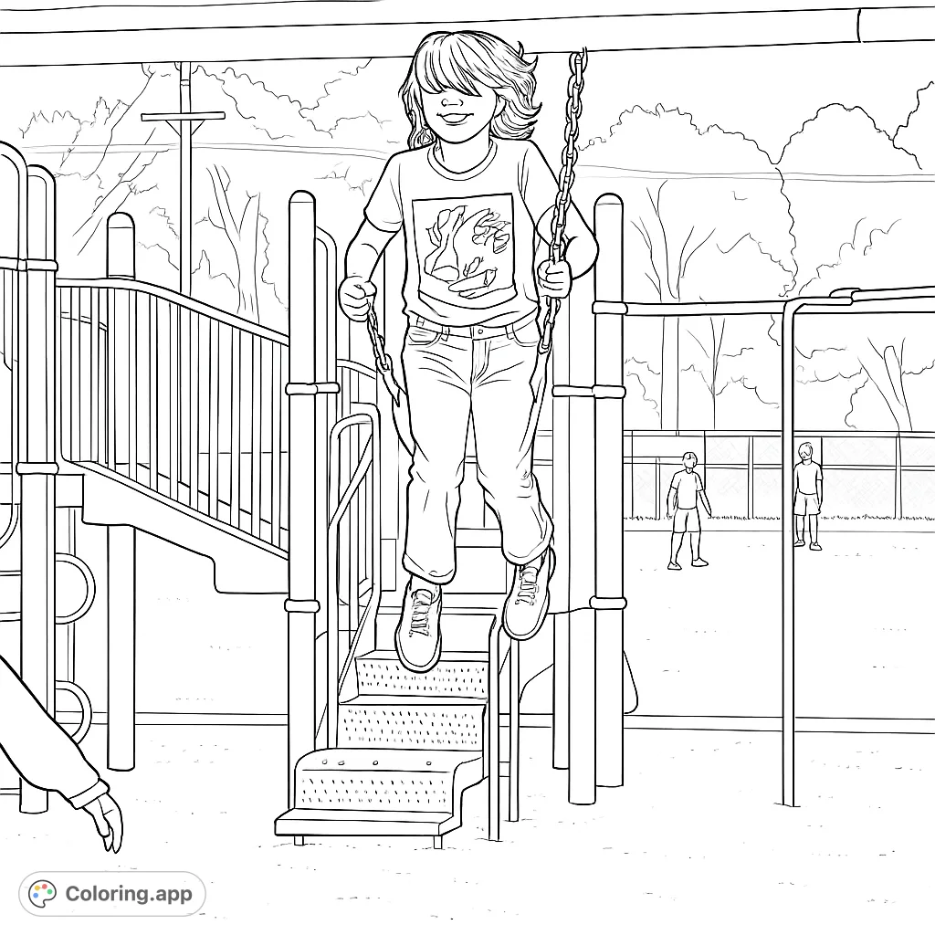 Capture the joyful energy of a child soaring on a playground swing. This dynamic scene features a detailed play structure, lush background, and endless coloring possibilities.