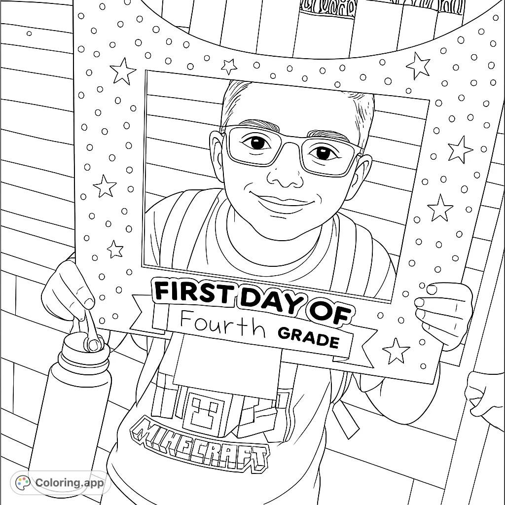 Celebrate the first day of school with this engaging coloring page! A smiling child holds a 'First Day of Fourth Grade' frame, ready for creative expression.