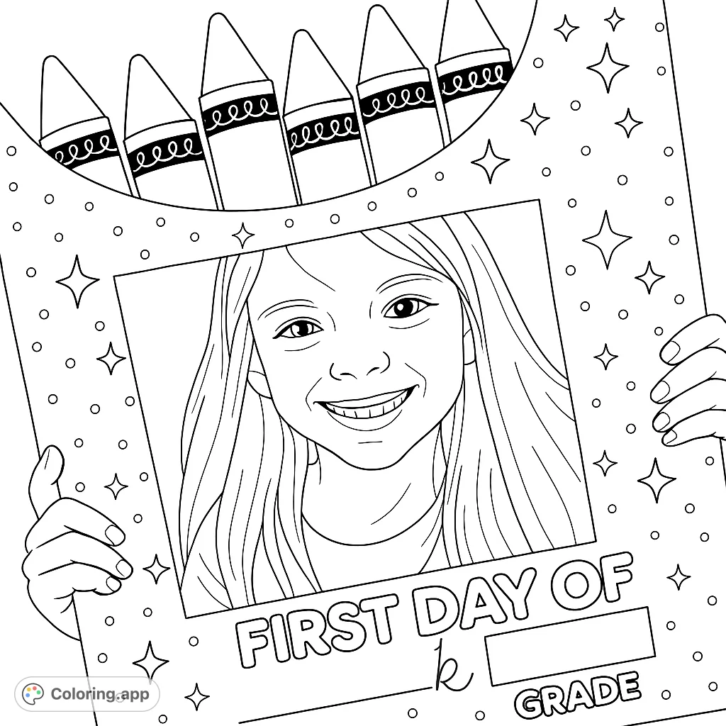 A joyful child smiles from a special "First Day" frame, surrounded by crayons and stars. Perfect for celebrating new beginnings and school adventures!