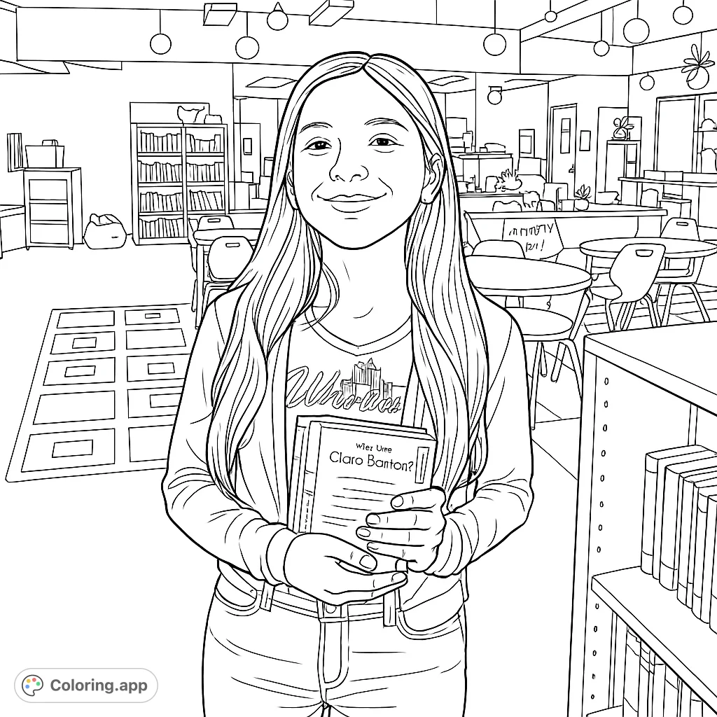 A charming coloring page of a smiling girl holding books in a detailed library setting, perfect for aspiring readers and creative minds.