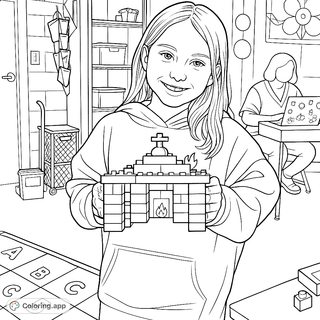 A joyful girl proudly displays her unique block creation, a small house-like structure, in a classroom setting. Perfect for young builders and creative minds.