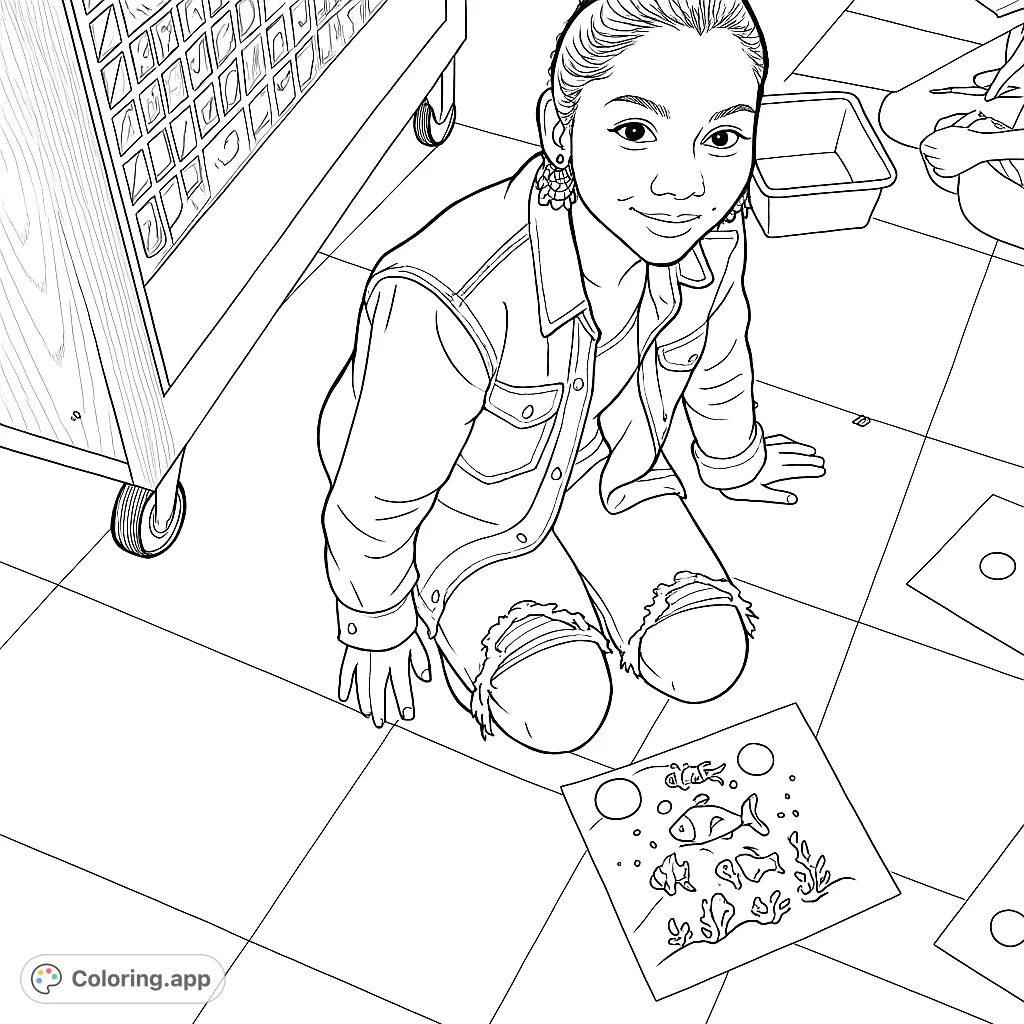 A smiling girl kneels next to her planetary model craft. This engaging coloring page captures a moment of creative learning and joy, perfect for young artists.