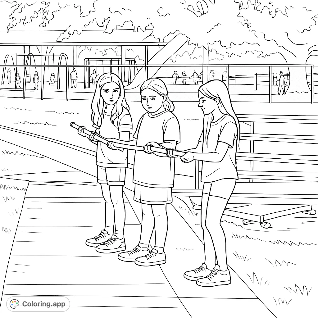 Three girls practice with a long baton on a concrete path at a park, surrounded by a grassy field and distant playground structures. Perfect for young artists.